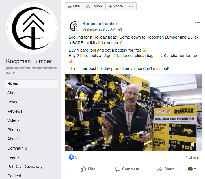 Koopman Lumber Facebook Post