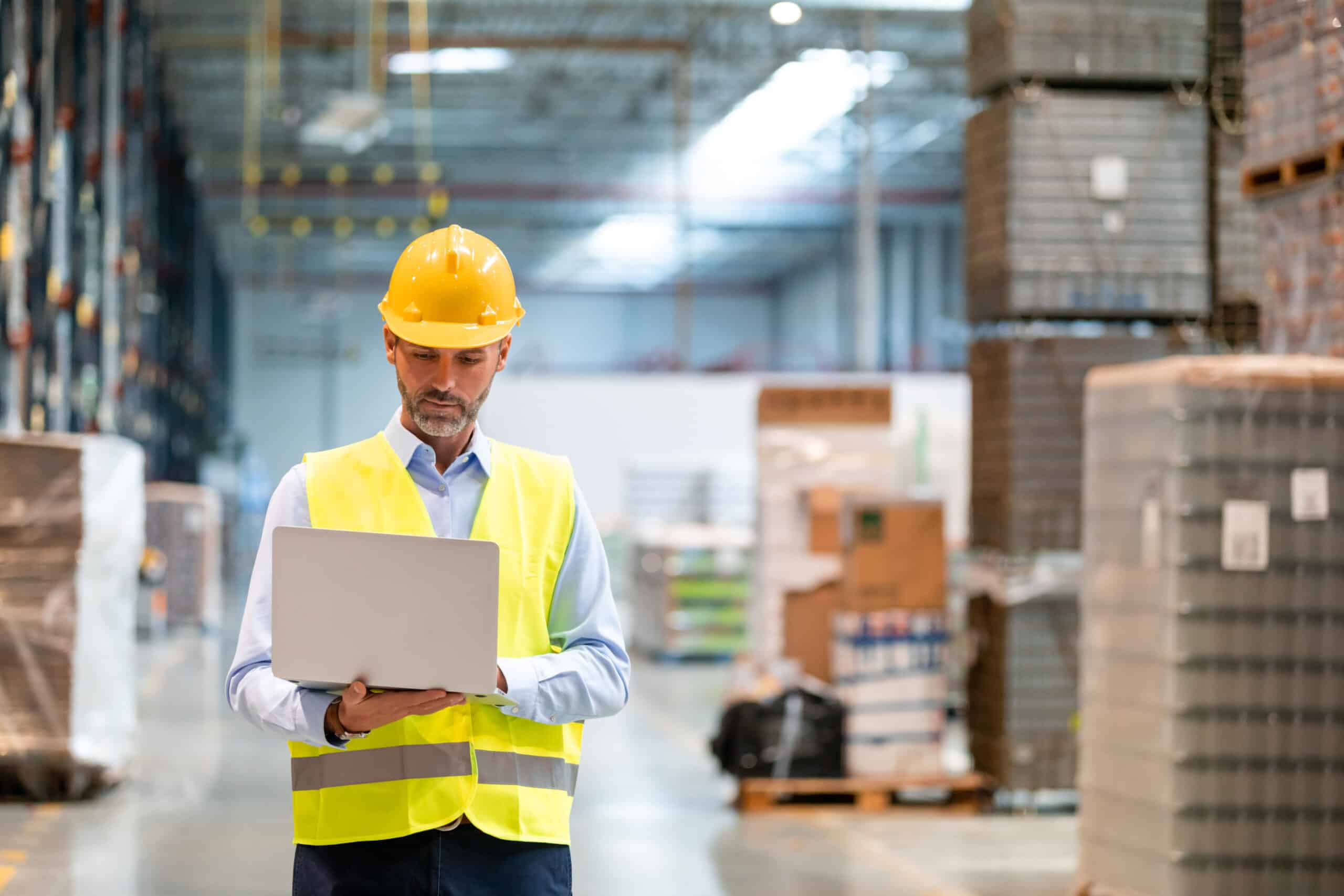 Warehouse manager with laptop entering inventory data to database.